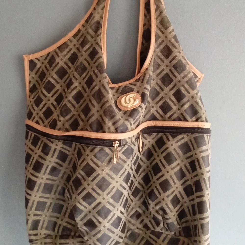 Designer Canvas Tote Bag Geometric Print Tan Beige‎ Zipper Pockets